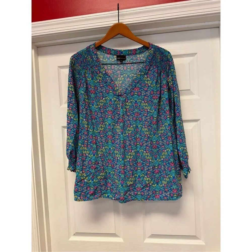 Jones New York Blue Floral Garden Print V-Neck Smocked Blouse sz 2X EUC